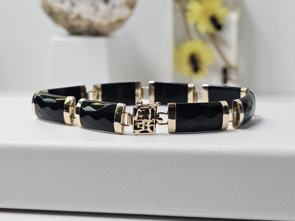 Vintage 10K Yellow Gold & Faceted Onyx Bracelet Size 7.25" - Oriental -Read Desc